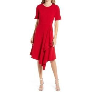 Black Halo Bonfire Red Crete Tailored Ruffle Cocktail Hour Midi Dress Size 10